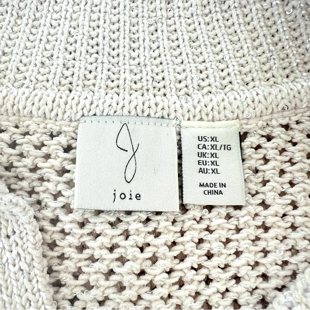 JOIE Cream Metallic Glitter Shimmer Sequins Open Knit Lace Up Sweater Sz XL